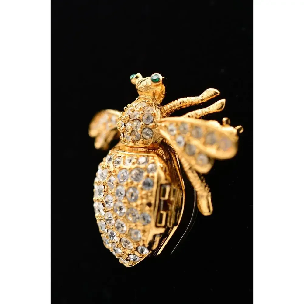 Joan Rivers Vintage Fly Watch Pin Brooch Rhinestone Crystal Gold Signed Bin5A